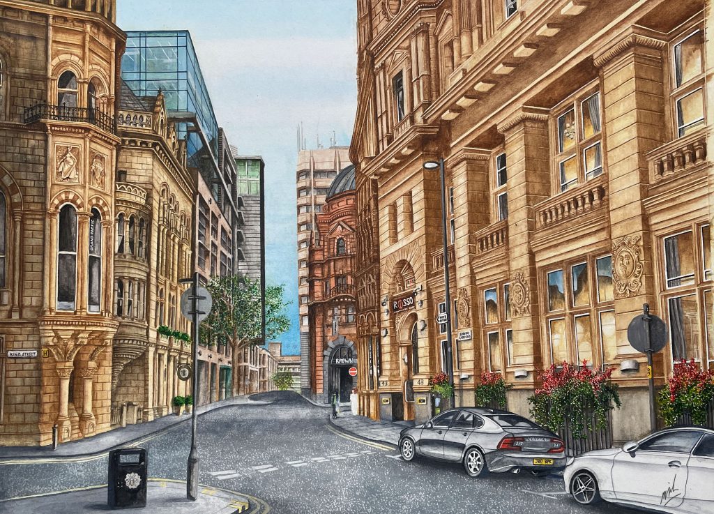 Watercolour of Spring Gardens. Manchester. UK