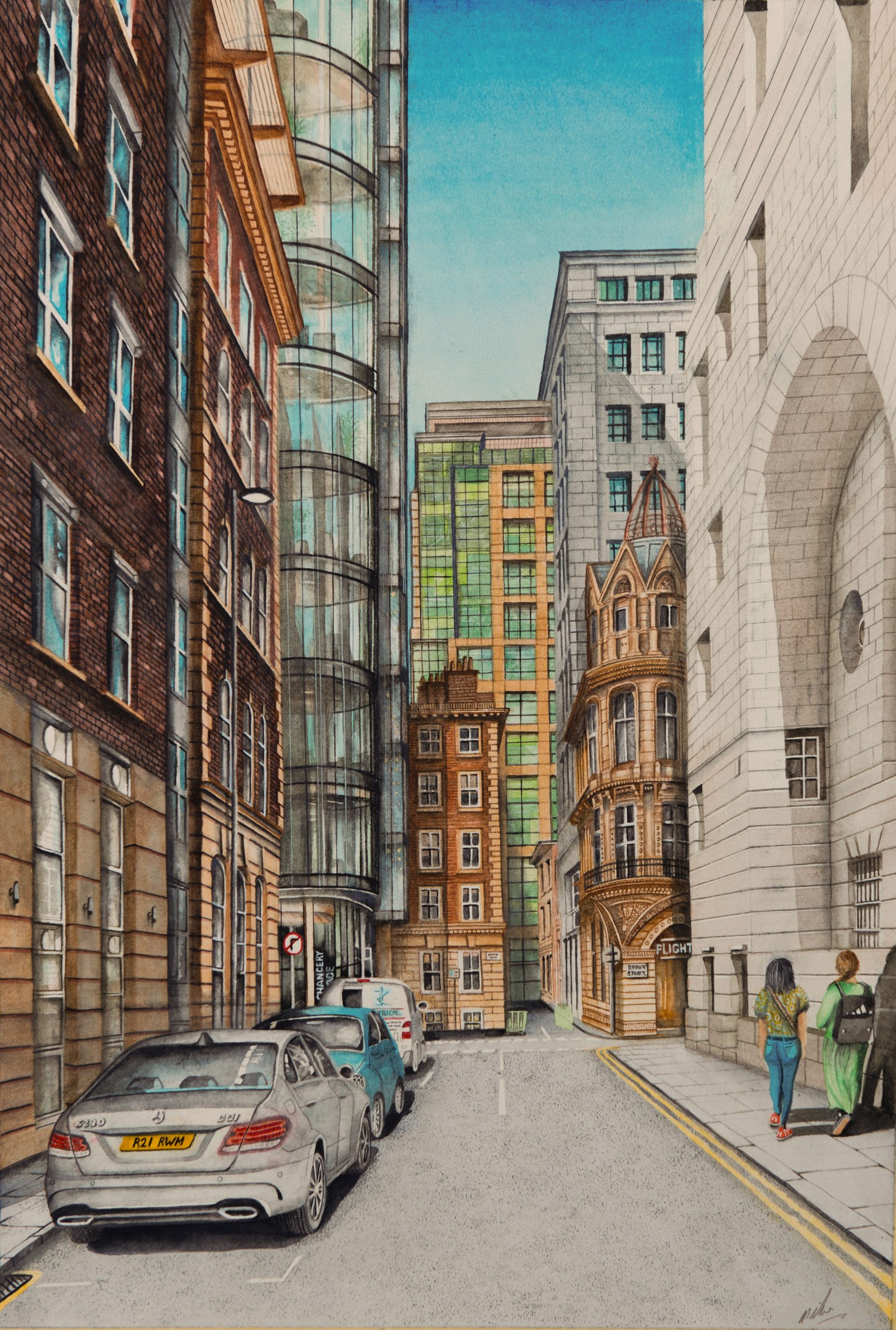 A watercolour of Chancery Lane,  central Manchester. United Kingdom