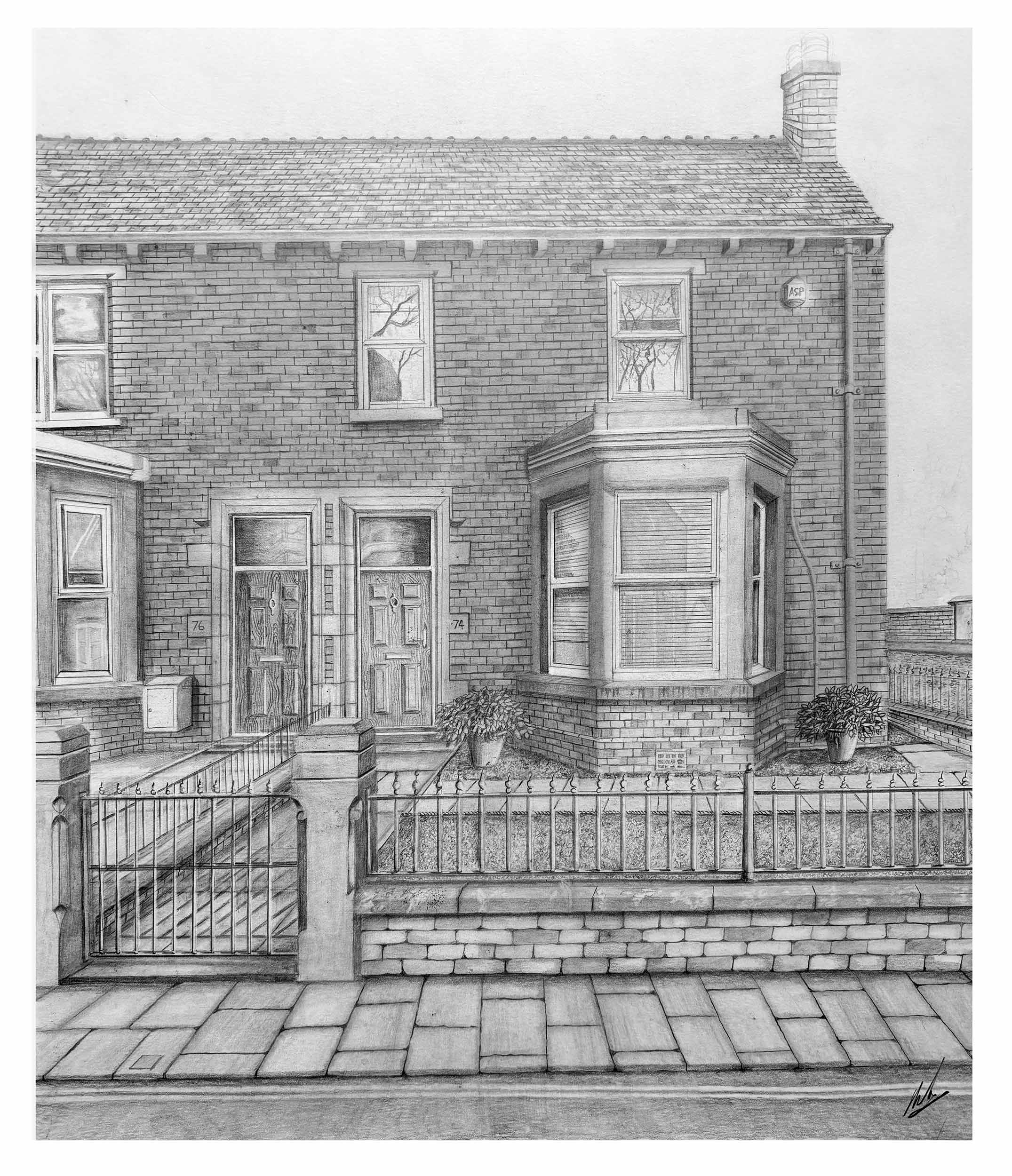 An original pencil study of an end terrace house in Carlisle. Cumbria. UK