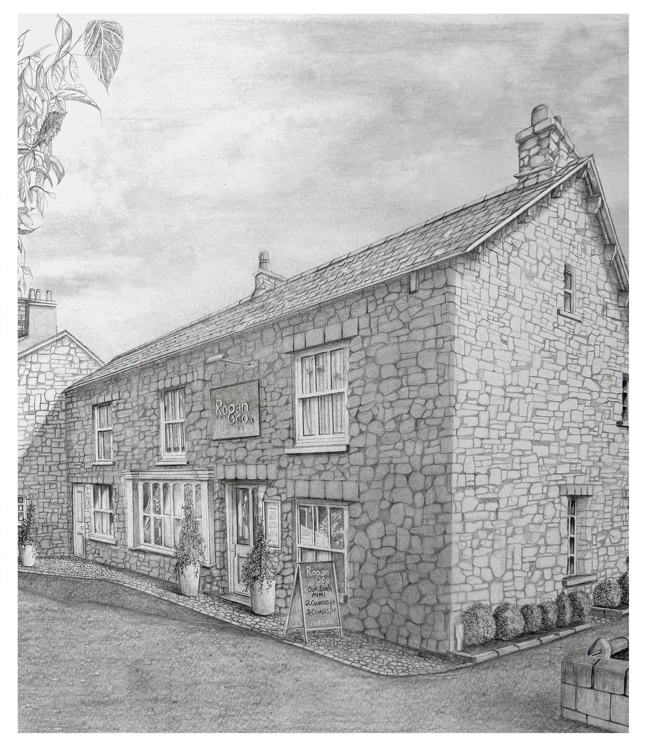 An original pencil study of an Restaurant in Cartmel. The Lake District.  Cumbria. UK
